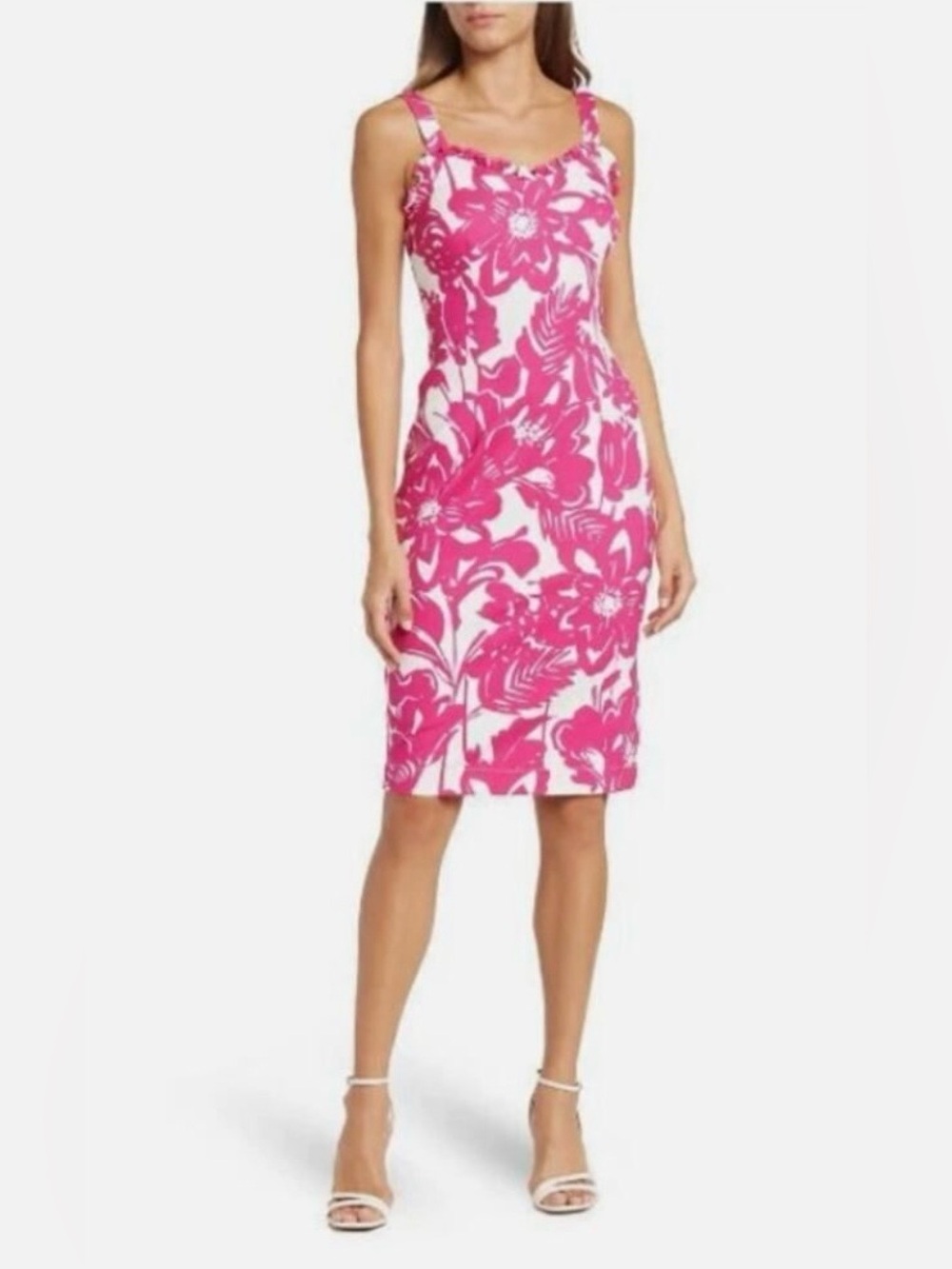 Trina Turk Zile Fuchsia Pink White Floral Sleeveless Ruffle Sheath Dress Size 12